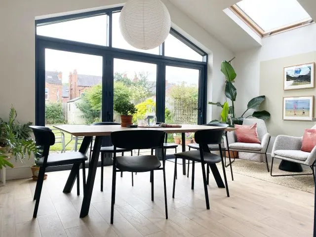 Busy contemplating layouts in a couple of Victorian semi extensions like this one which had a new #plywoodkitchen  last year. Here they have filled in the side return, added 2metres in length and put a utility and toilet between hall and kitchen. This is obviously the garden end with huge doors and a dining/seating area just beyond the kitchen. There are so many options for layout but most people want to achieve a utility room, downstairs loo and a kitchen island. The downside to these extensions is you usually lose the window into the middle room of the house which can make it pretty dark, the upside is a huge open plan kitchen diner like this. But how to keep both?!?…. #myhousethismonth
#dontmoveimprove 
#dailyhomeshare
#designupnorth
#scandiinterior 
#styleithappy
#myhometrend
#sidereturnextension 
#thiscreativehome
#myhomevibe
#ukicyou
#howwedwell
#apartmenttherapy
#designsponge
#walltowallstyle
#myperiodhomestyle
#mycreativeinterior
#eclectichome
#victorianterrace #bifolddoors #kitchenextension