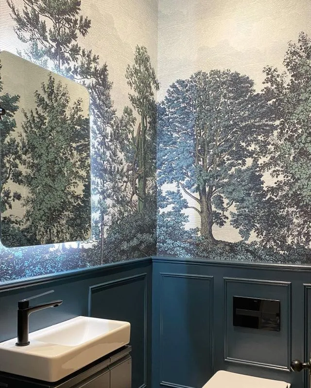 Working alongside @lauragrayinteriors to give a new look to a downstairs loo - the old one just didn’t float the clients proverbial boat, and she wanted more of statement, with a softer edge. Amazing mural by @woodchipandmagnolia called Heaton Park, panelling in classic #hagueblue by  F&B.  #muralwallpaper #beforeandafter #downstairstoilet #panelling 
#designupnorth
#myfabhome
#styleitdark
#howwedwell
#apartmenttherapy
#designsponge
#walltowallstyle
#myperiodhomestyle
#mycreativeinterior
#eclectichome
#victorianterrace